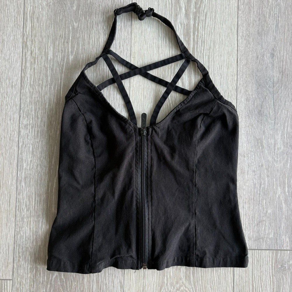 Killstar Womens Black Full-Zip Stretch Rockoholic Strappy Halter Neck Top Size S